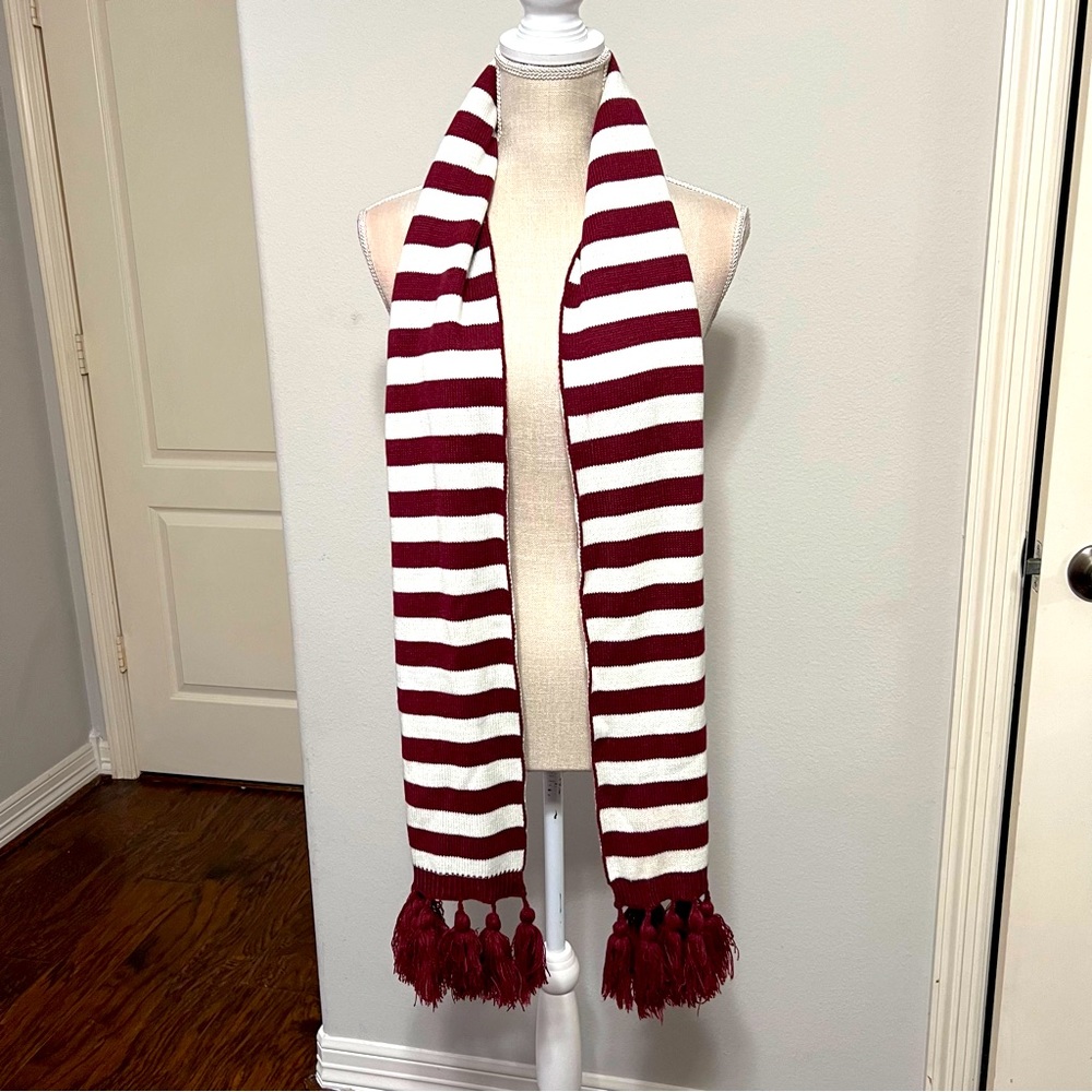 NWT Maroon & White Striped Scarf with Tassel Trim